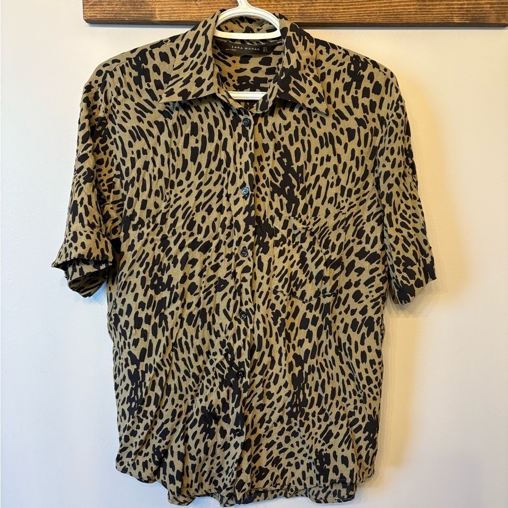Zara Black and Tan Button Down Shirt with Leopard Print